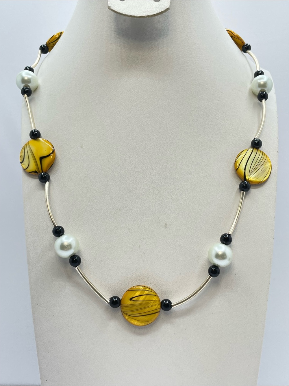 Silver Tone Beaded Necklace MOP Disc Faux Pearl Black Bead Toggle Boho